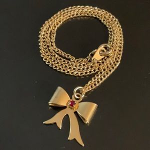 Vintage Gold Tone Chain Necklace with Ribbon Pendant with Red Stone